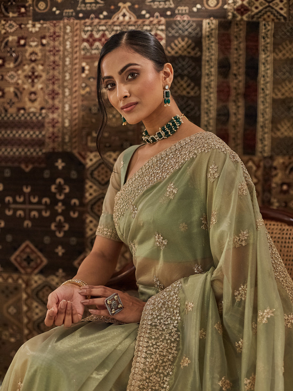 Green Floral Zardozi Supernet Saree