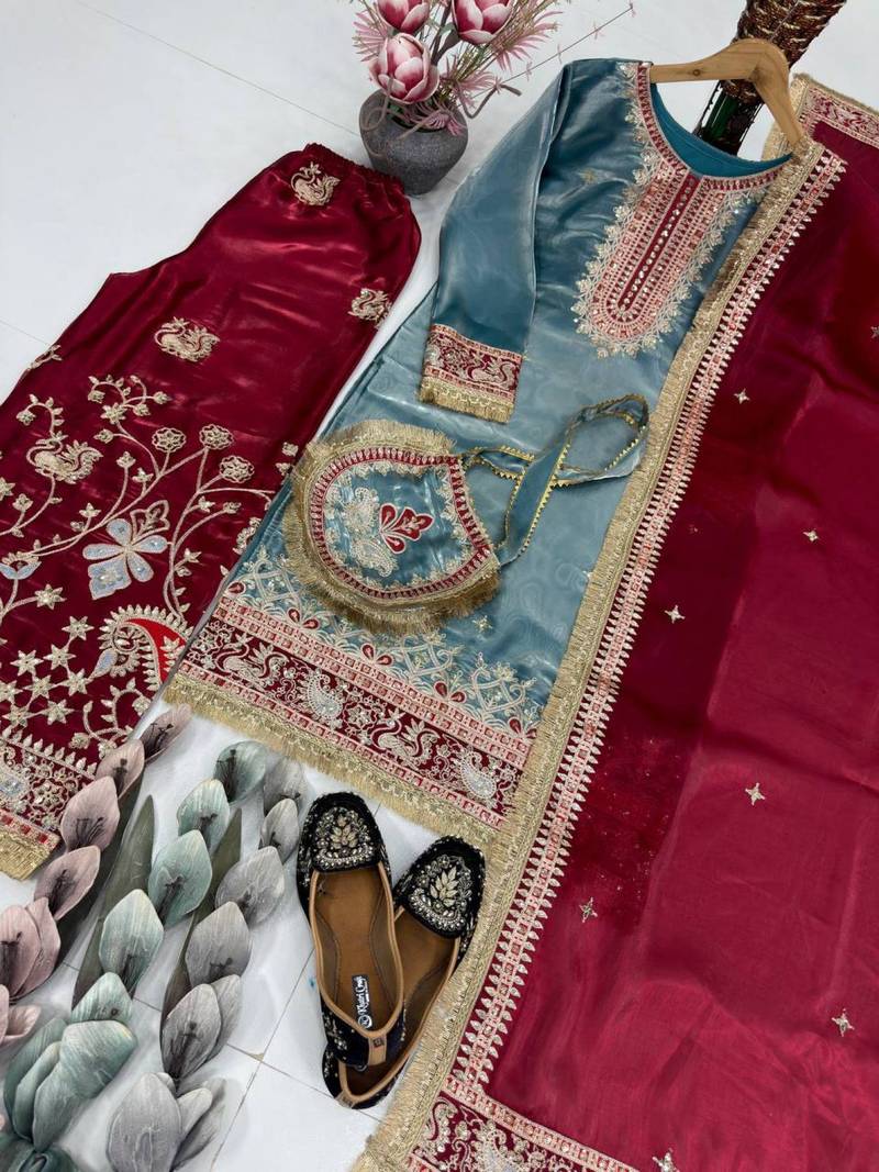 Silk Embroidered Sequence Work Plazzo Set With Purse