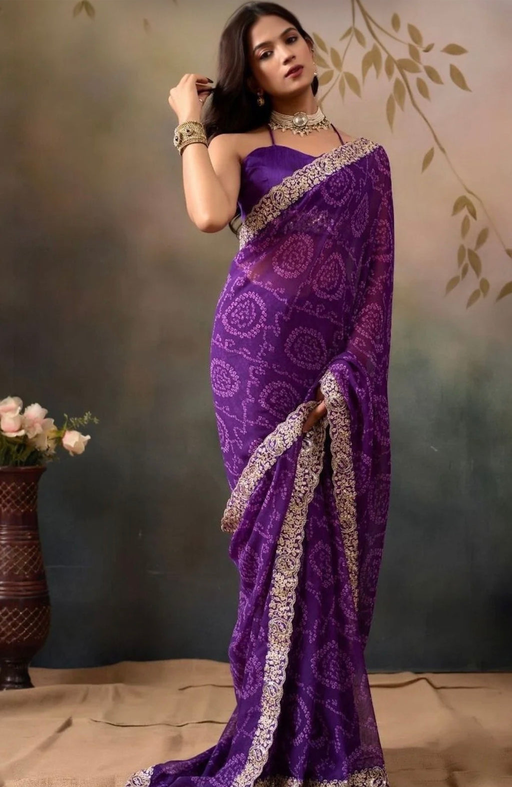 Bandhani printed saree with embroidered border
