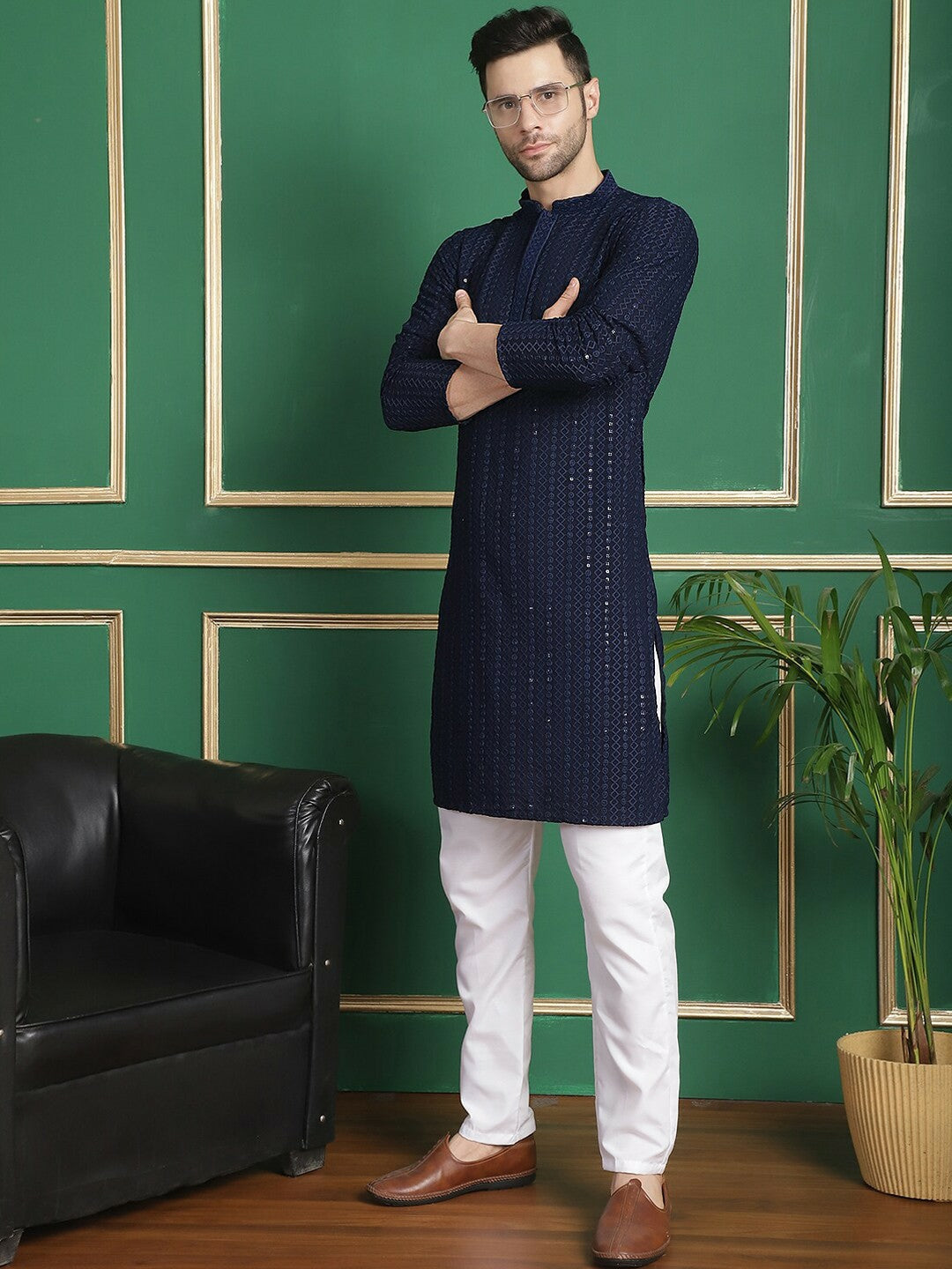 Embroidered Sequinned Kurta with Pyjamas