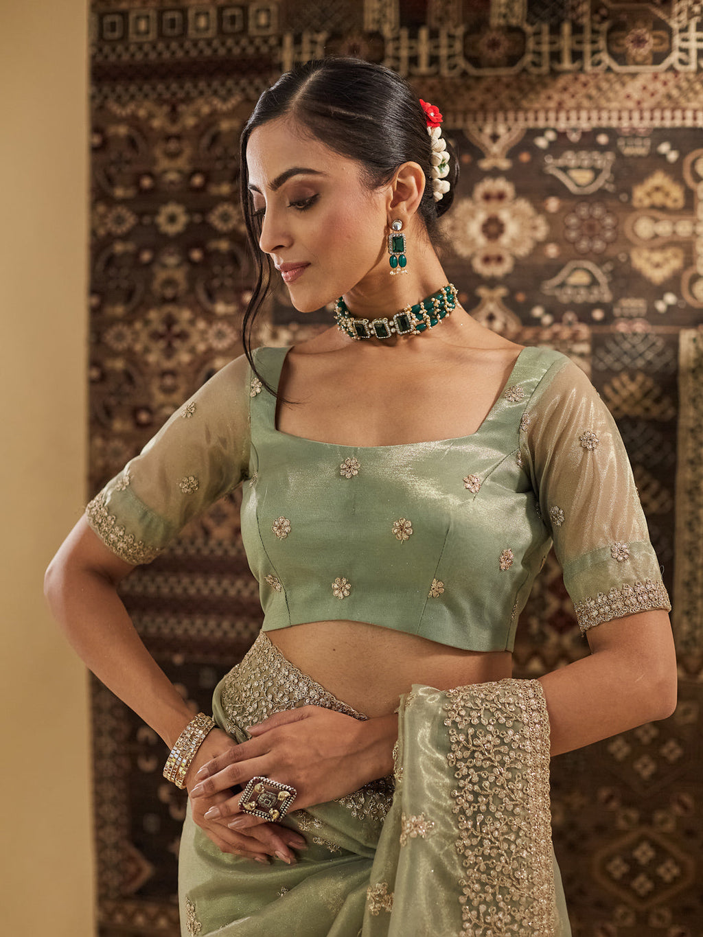 Green Floral Zardozi Supernet Saree