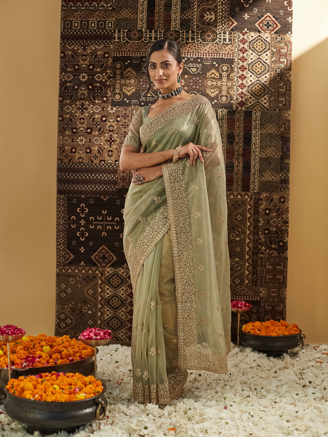 Green Floral Zardozi Supernet Saree