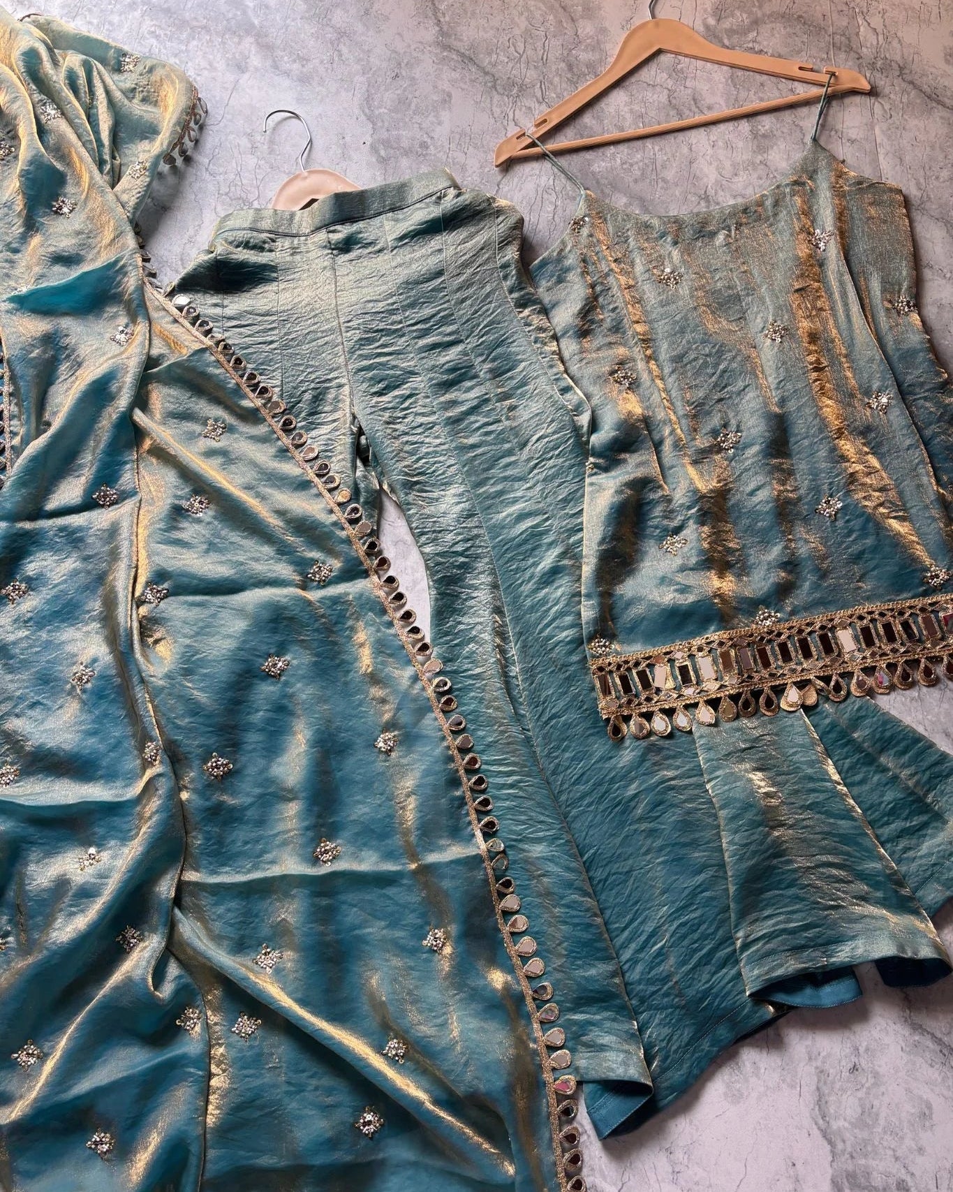 Sky Blue Mirror Work Sharara Set