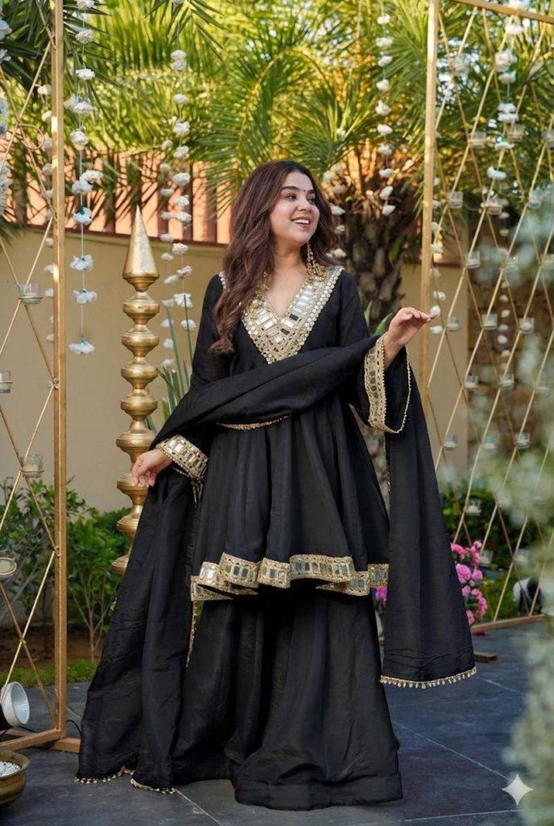 Elegance Mirror Work Anarkali With Sharara & Dupatta