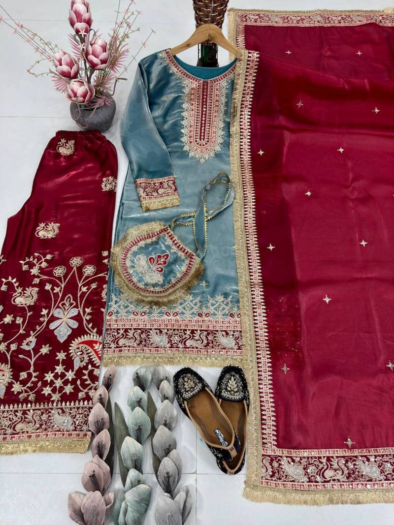Silk Embroidered Sequence Work Plazzo Set With Purse