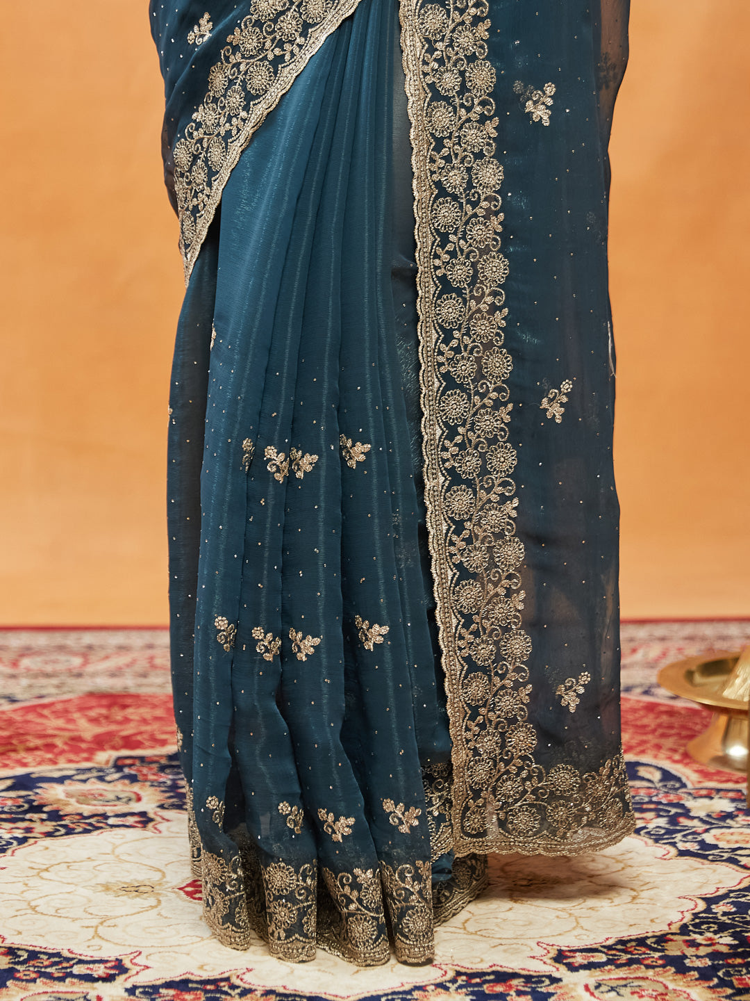 Turquoise Blue Embroidered Chiffon Saree