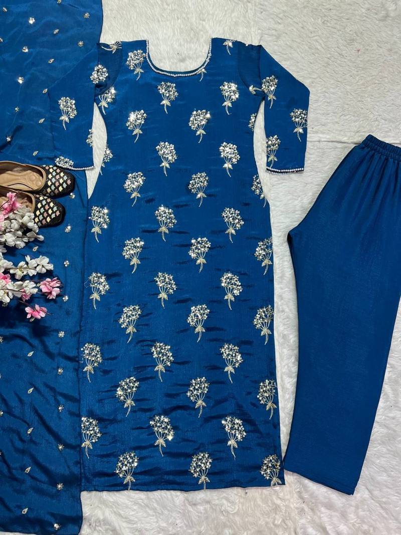 Beautiful Royal Blue Chinon Suit With Bottom And Dupatta