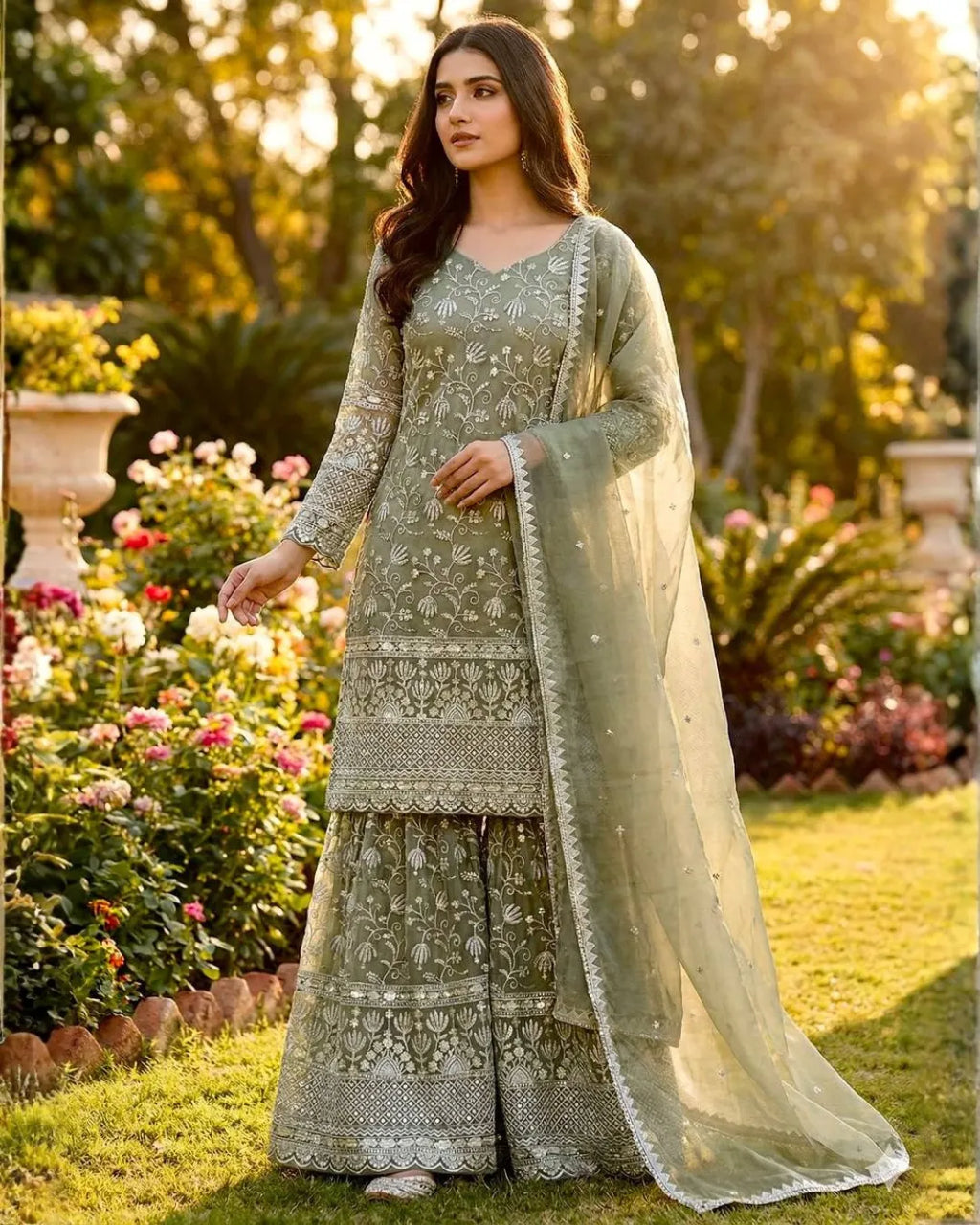 Heavy Embroidery Sequence Work Top Sharara & Dupatta Set