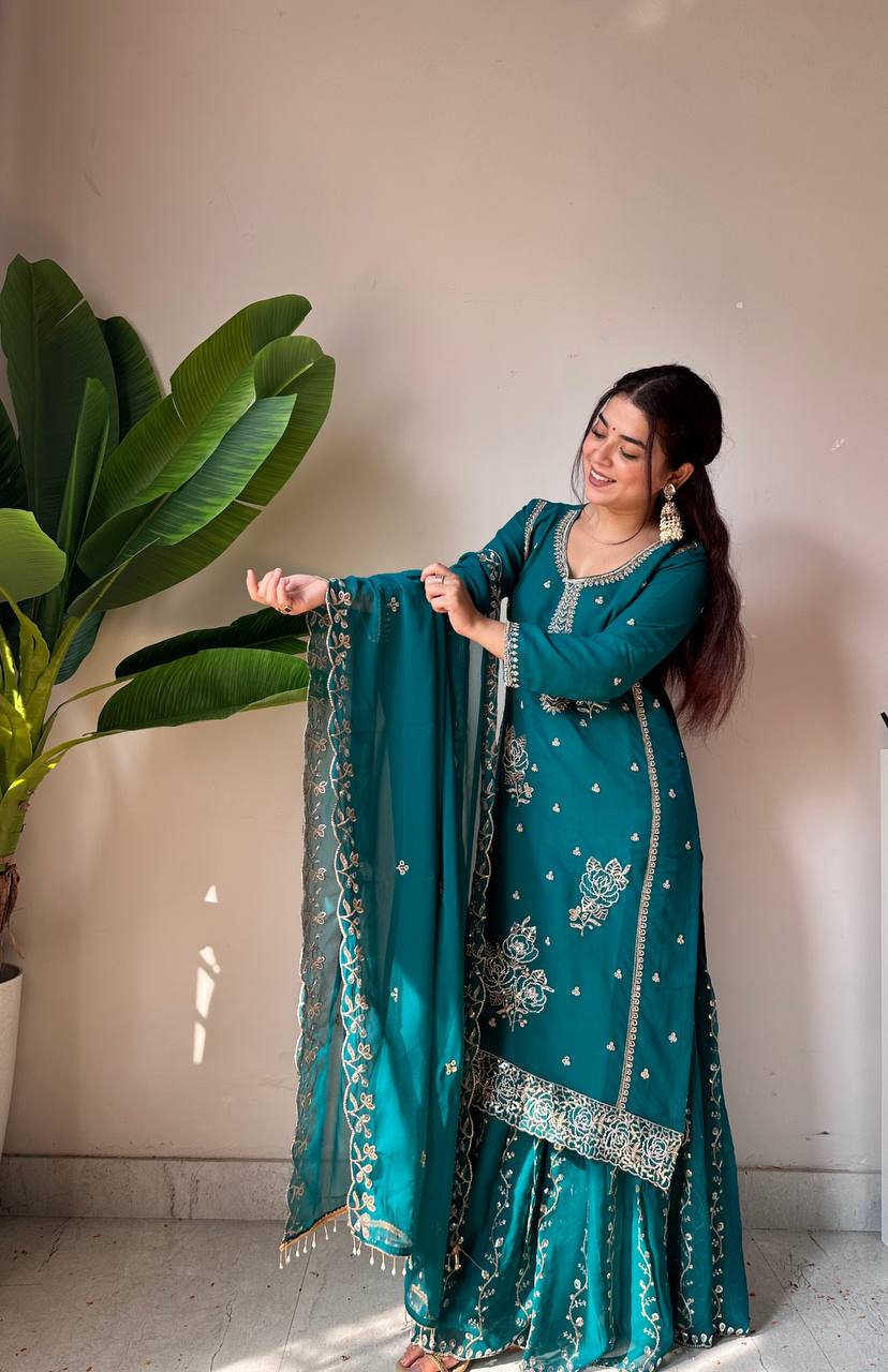 Festive Special Designer Fox Georgette Beads Work Kurti Gharara Suit With Dupatta
