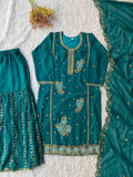 Festive Special Designer Fox Georgette Beads Work Kurti Gharara Suit With Dupatta