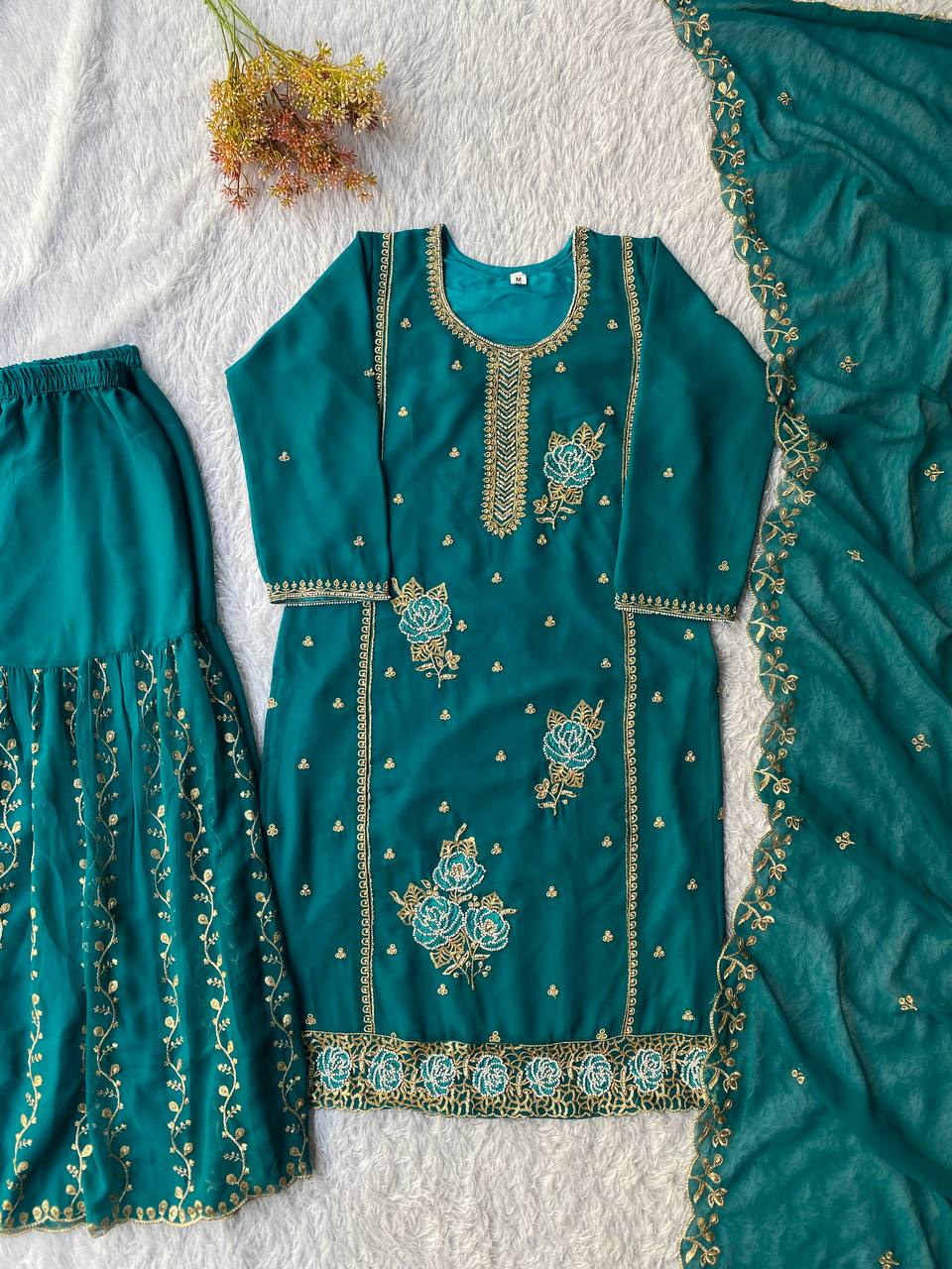 Festive Special Designer Fox Georgette Beads Work Kurti Gharara Suit With Dupatta
