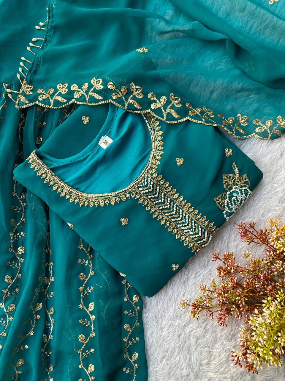 Festive Special Designer Fox Georgette Beads Work Kurti Gharara Suit With Dupatta