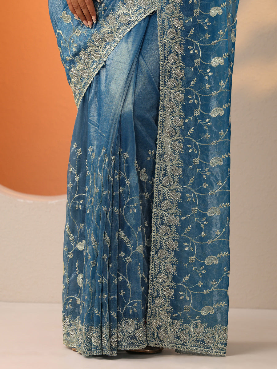 Blue Embellished Nylon Saree With Unstitched Blouse Piece