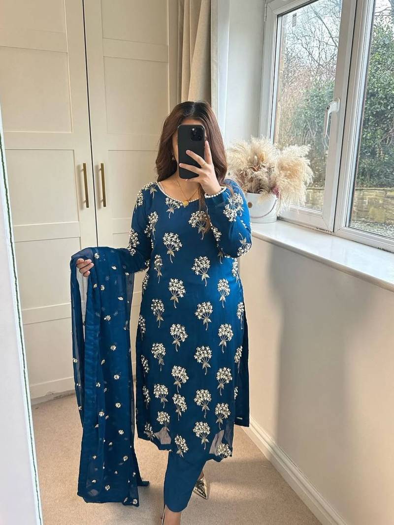 Beautiful Royal Blue Chinon Suit With Bottom And Dupatta