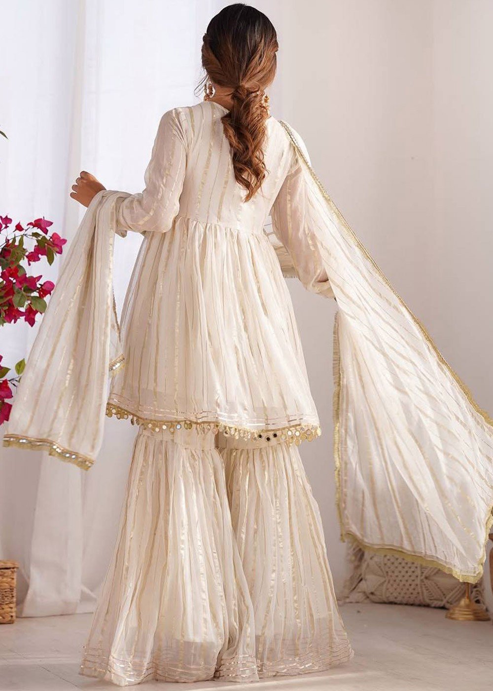 White Color Mal Chanderi Fabric With Mirror Work Top Sharara