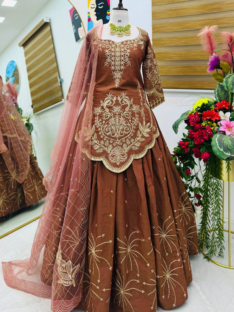 Brown Simmer Silk Lehenga Set With Dupatta