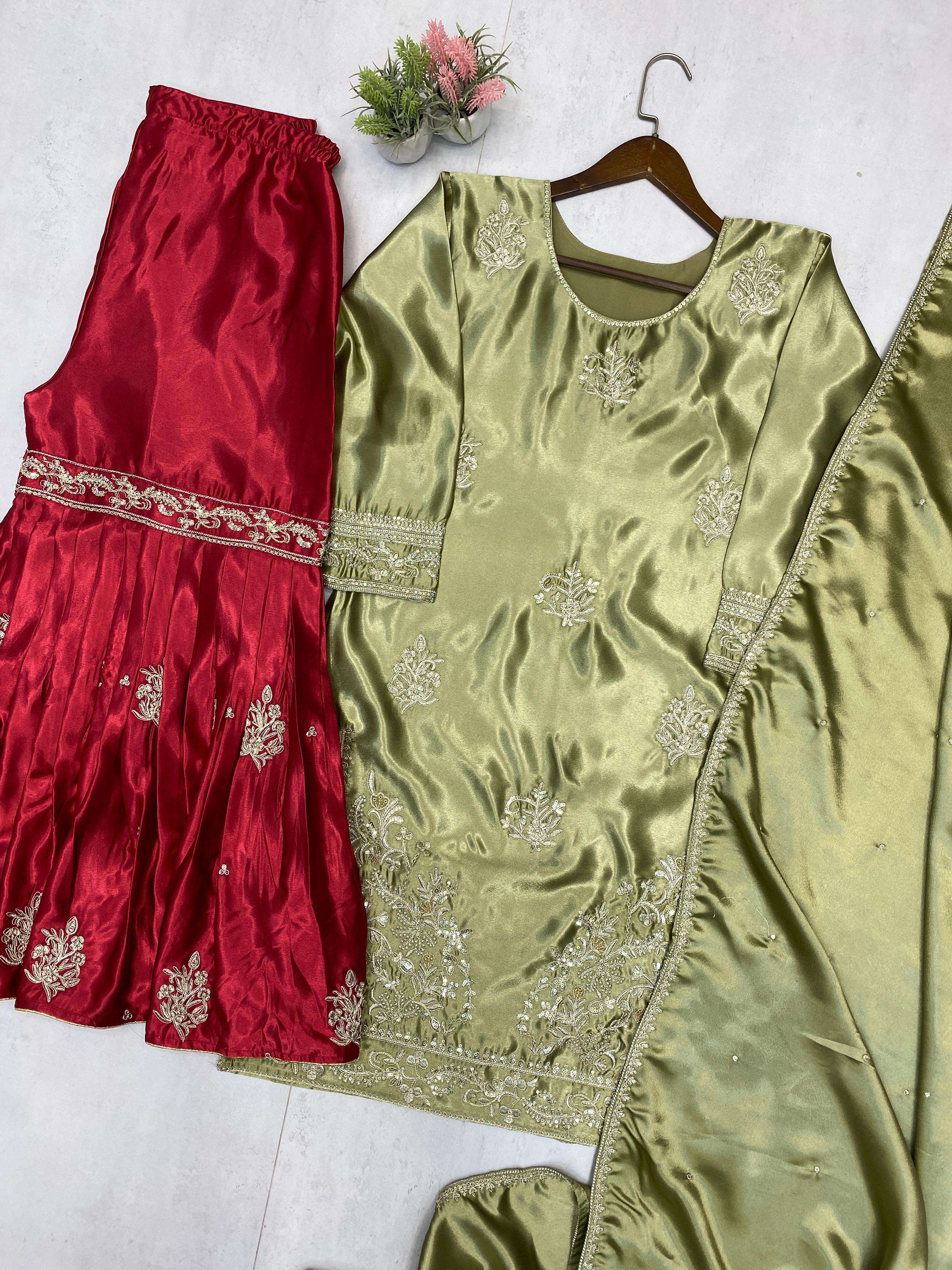 Olive Green Embroidered Kurta with Red Sharara and Dupatta