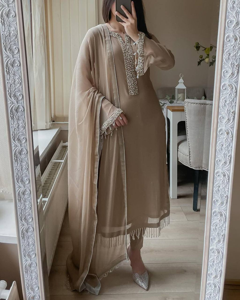 Brown Georgette Beads Stones Hand Embroidered Straight Pant Suit