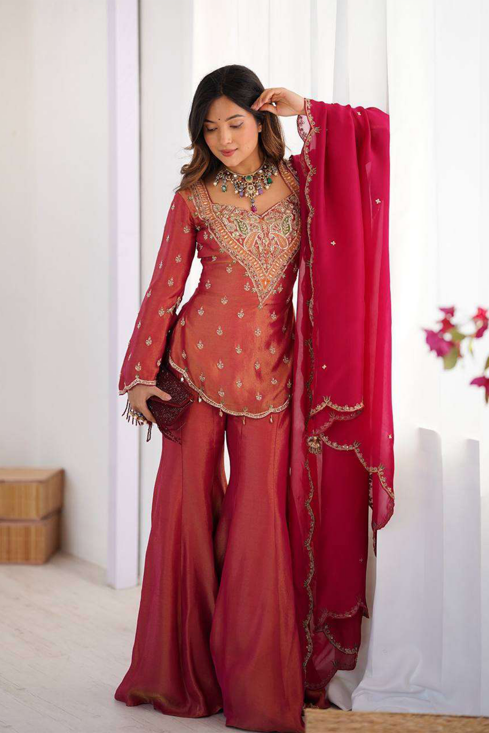 Attractive Pink Silk Palazzo Suit With Dupatta