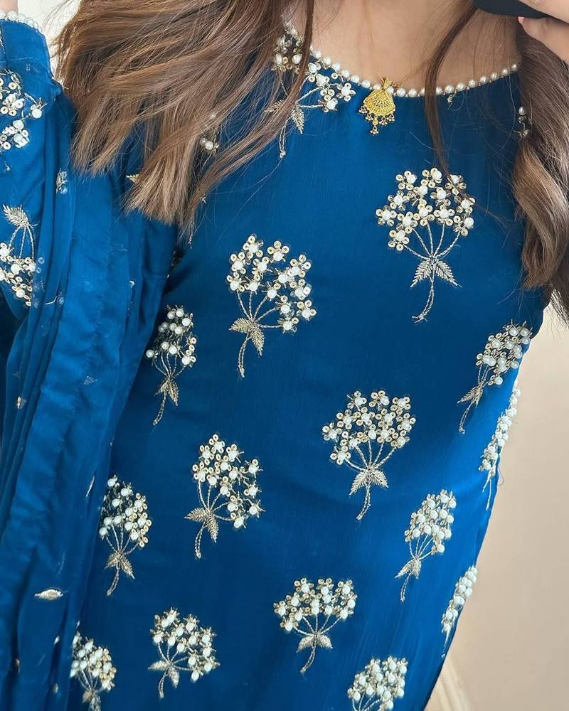 Beautiful Royal Blue Chinon Suit With Bottom And Dupatta