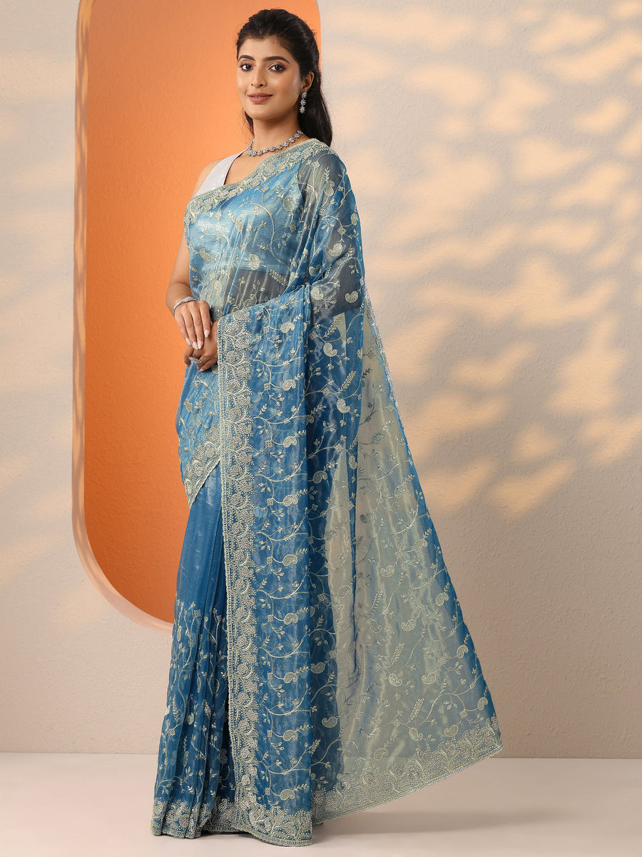 Blue Embellished Nylon Saree With Unstitched Blouse Piece
