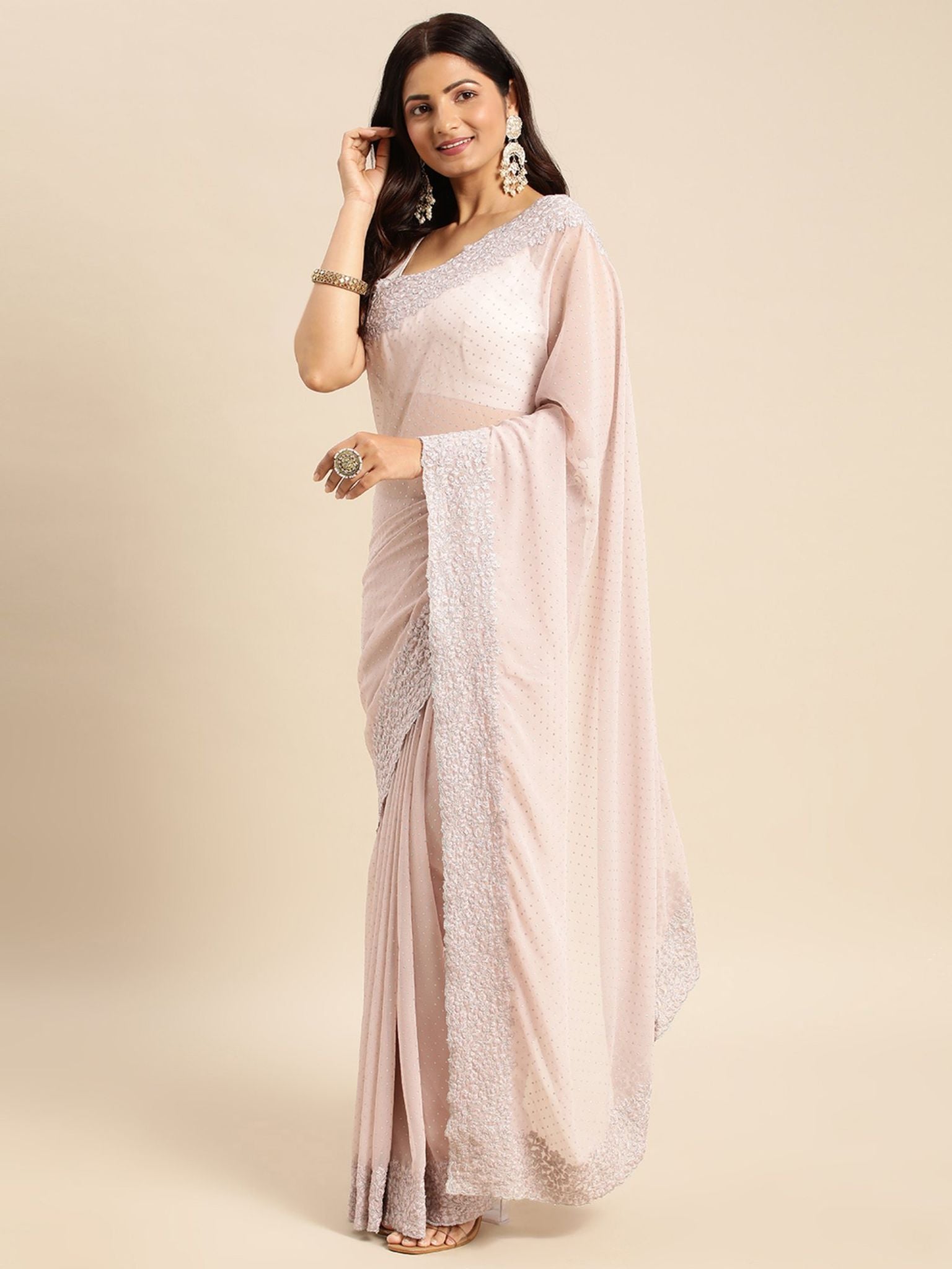 Peach Diamond Work Saree With Unstitched Blouse