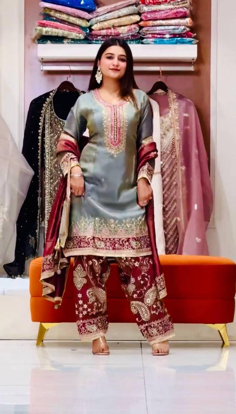 Silk Embroidered Sequence Work Plazzo Set With Purse
