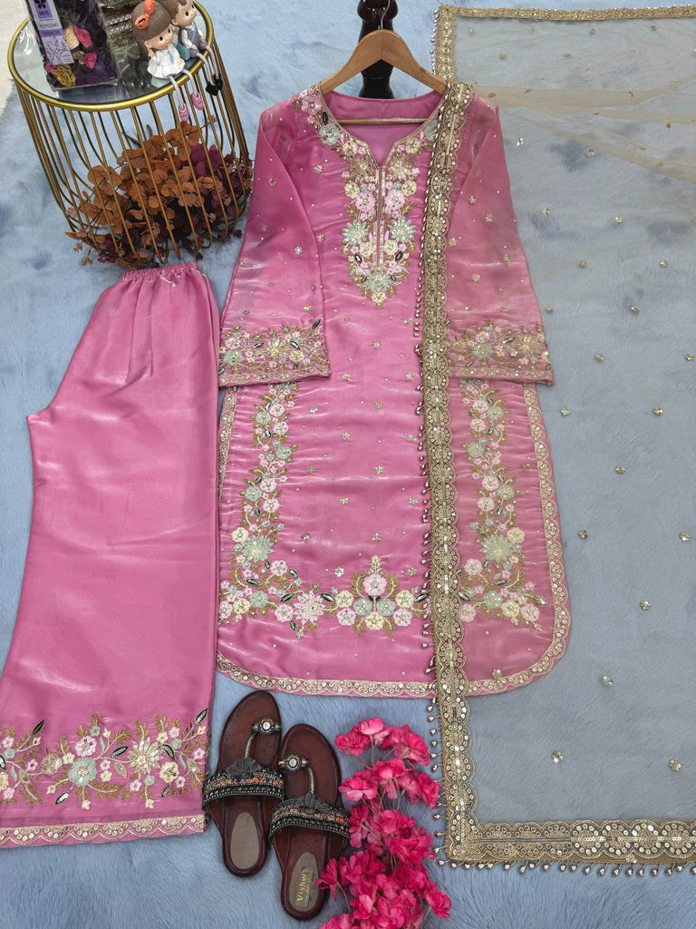 Party Wear Chinon Silk Plazzo Set – Exquisite Embroidery & Handwork