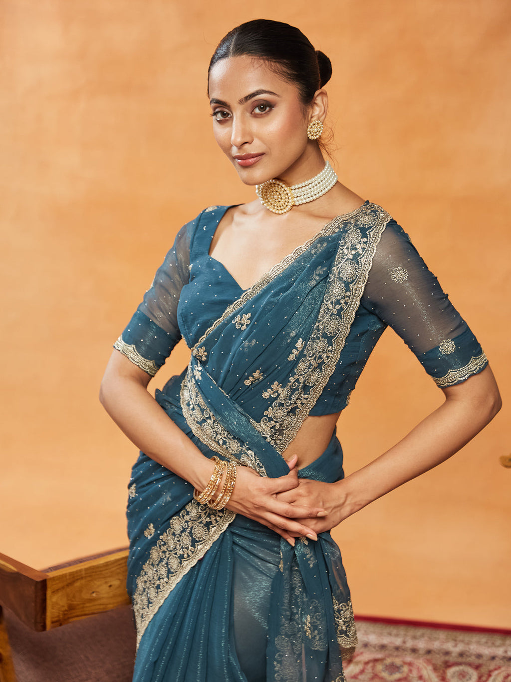Turquoise Blue Embroidered Chiffon Saree