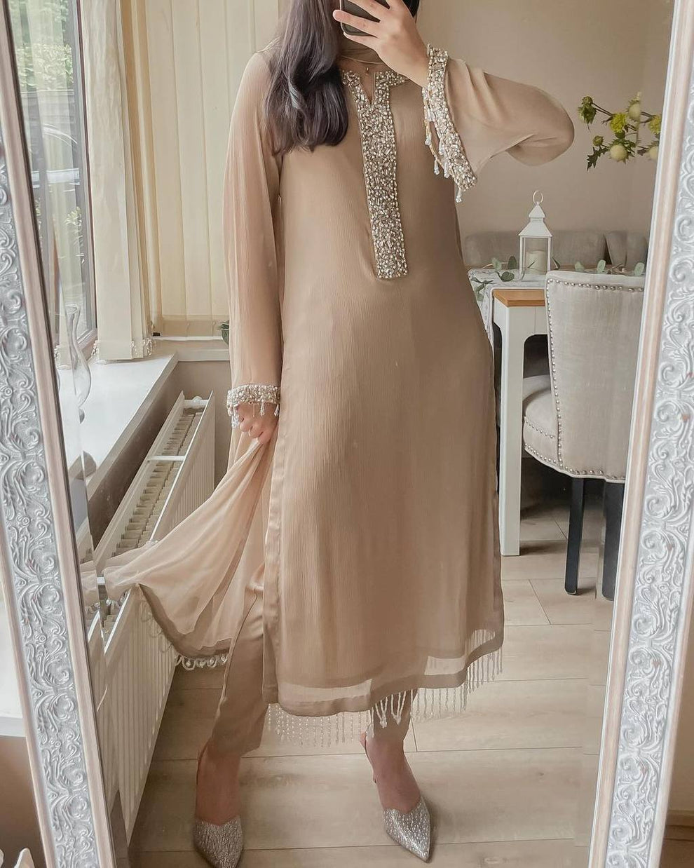 Brown Georgette Beads Stones Hand Embroidered Straight Pant Suit