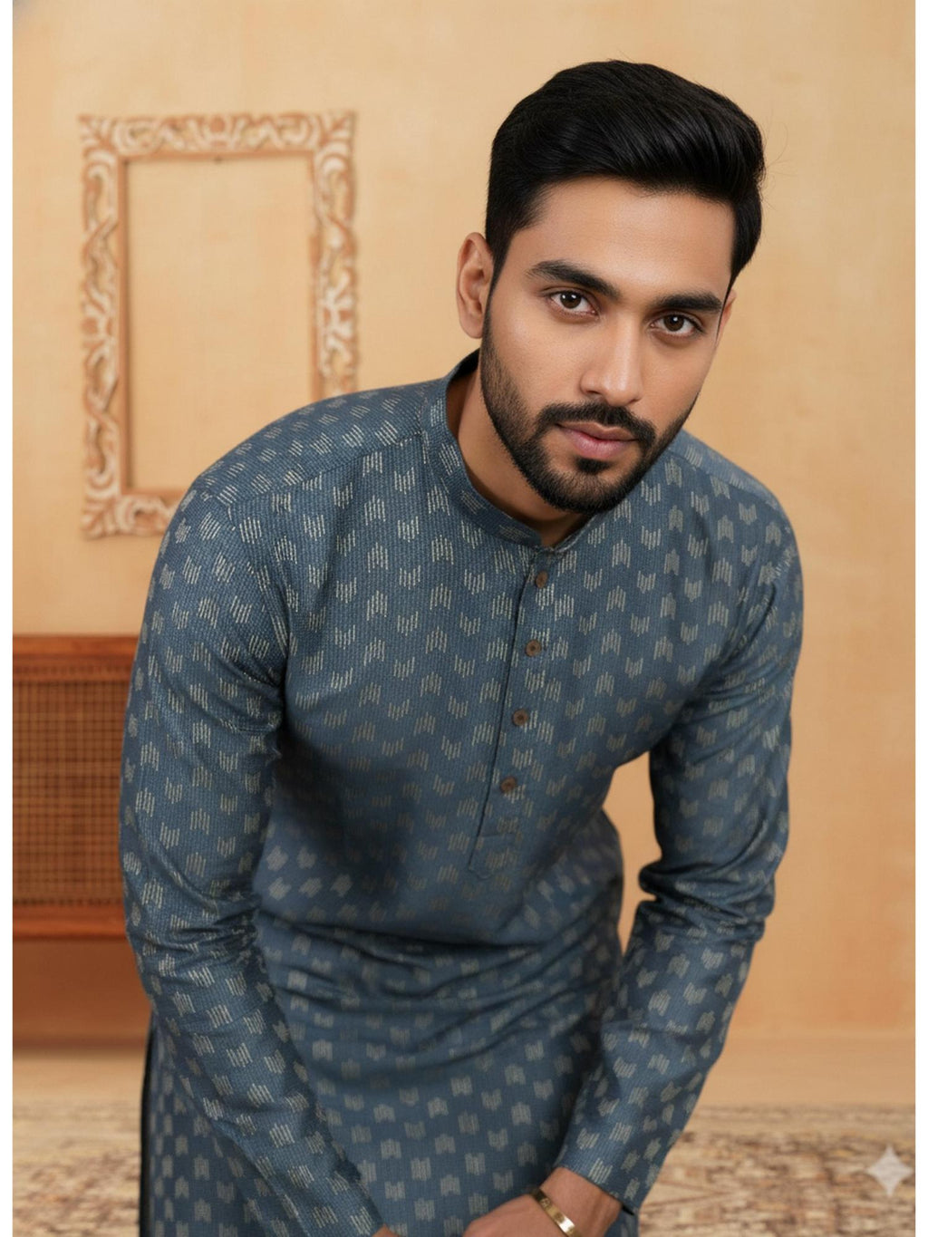 Mens Grey Cotton Woven Kurta with Cotton Pyjama