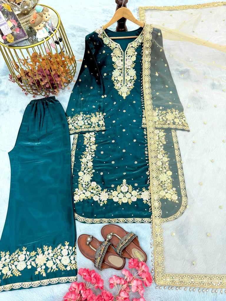Party Wear Chinon Silk Plazzo Set – Exquisite Embroidery & Handwork