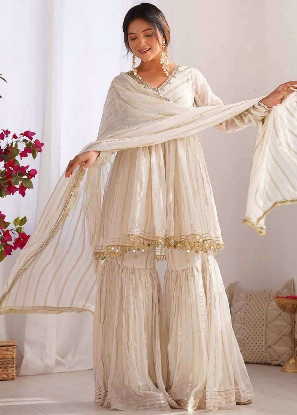 White Color Mal Chanderi Fabric With Mirror Work Top Sharara