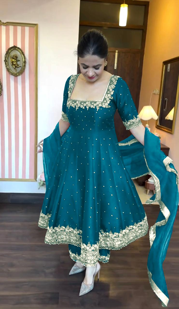 Silk Anarkali Gown Dupatta Pent Plazzo Set With Embroidery Sequence Work