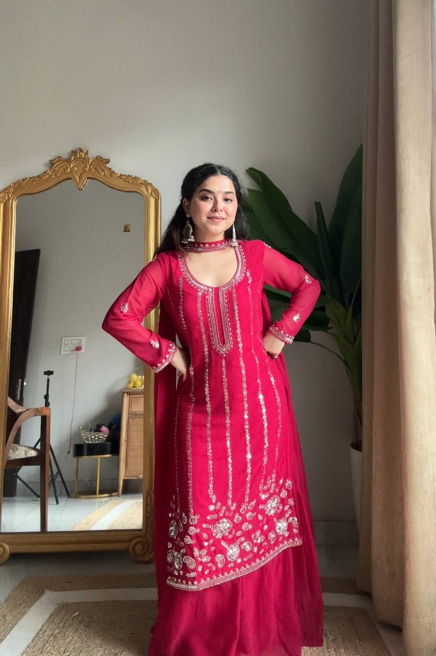 Pink Georgette Sharara Set With Belt-Style Dupatta