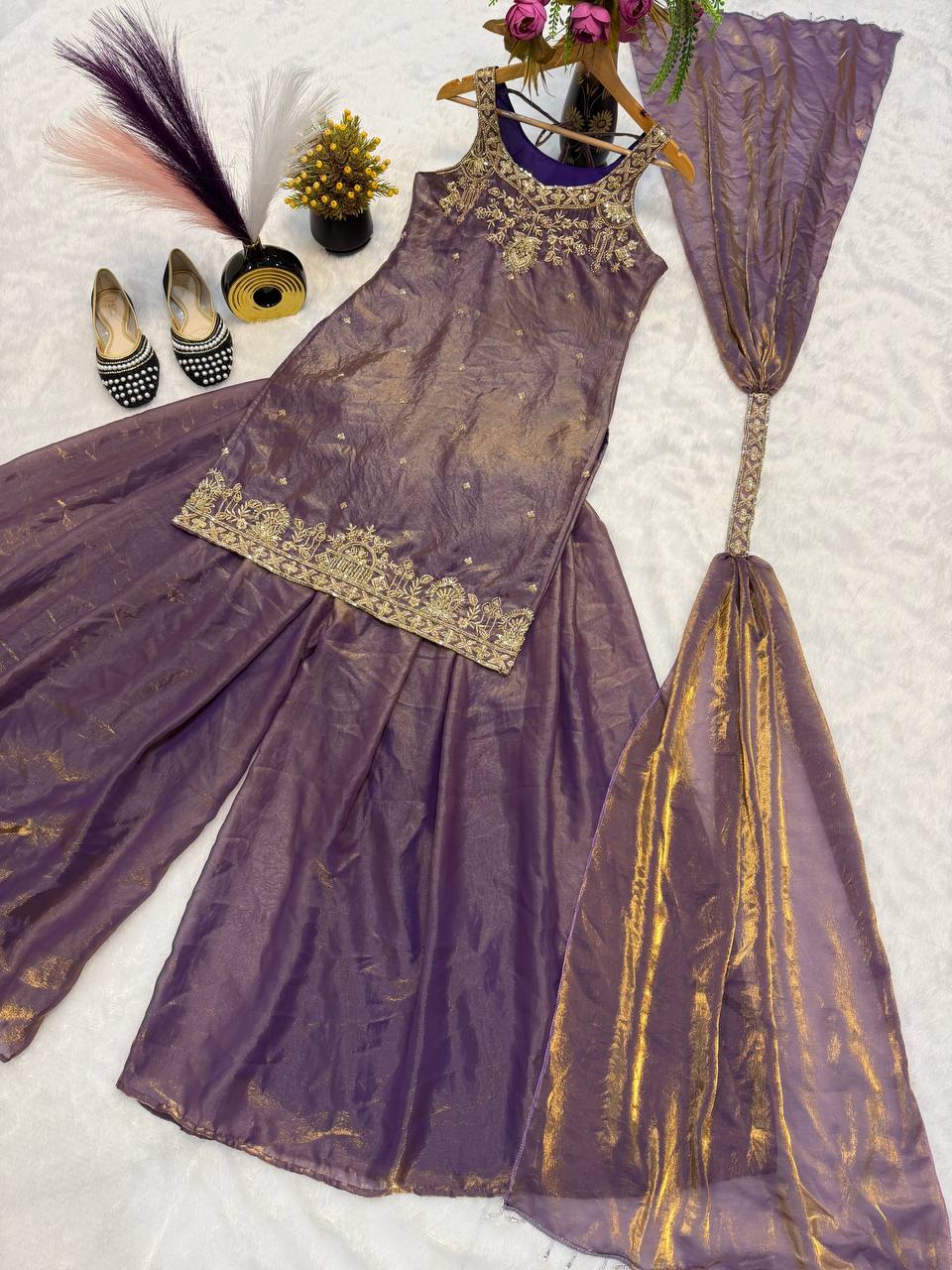 Embroidered Sequence Ready To Wear Top Palazzo Dupatta Set