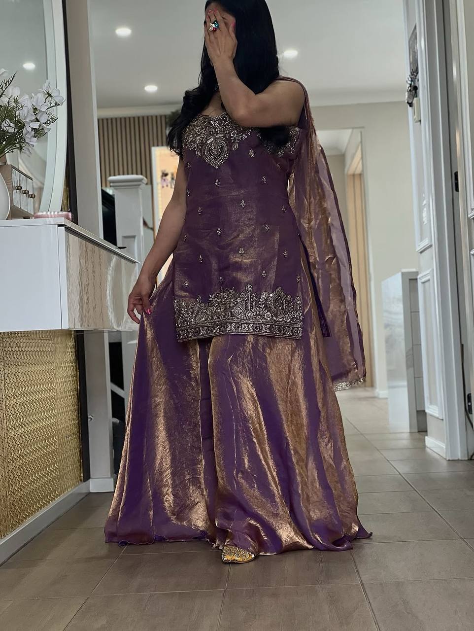 Embroidered Sequence Ready To Wear Top Palazzo Dupatta Set