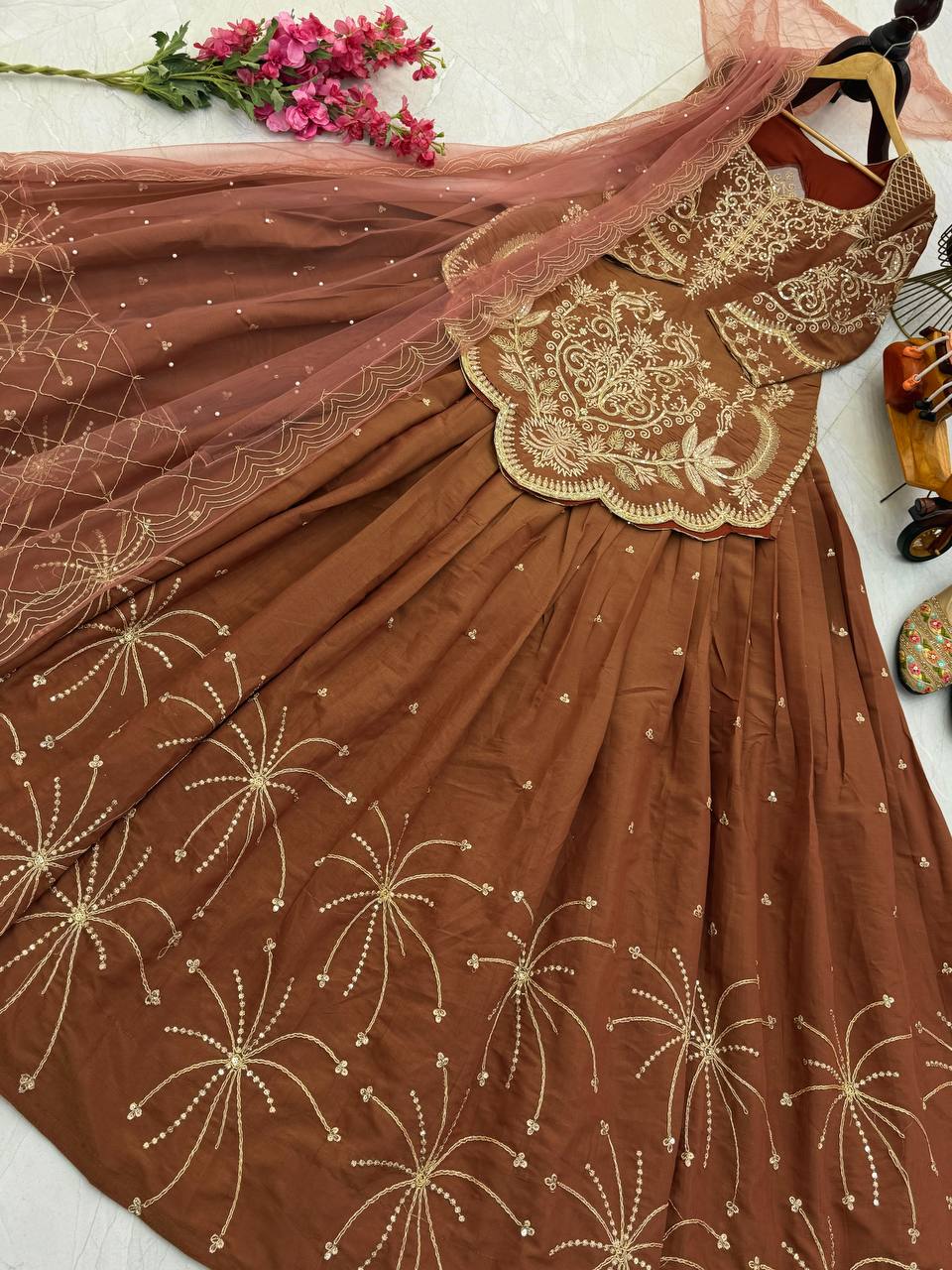 Brown Simmer Silk Lehenga Set With Dupatta