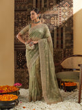 Green Floral Zardozi Supernet Saree