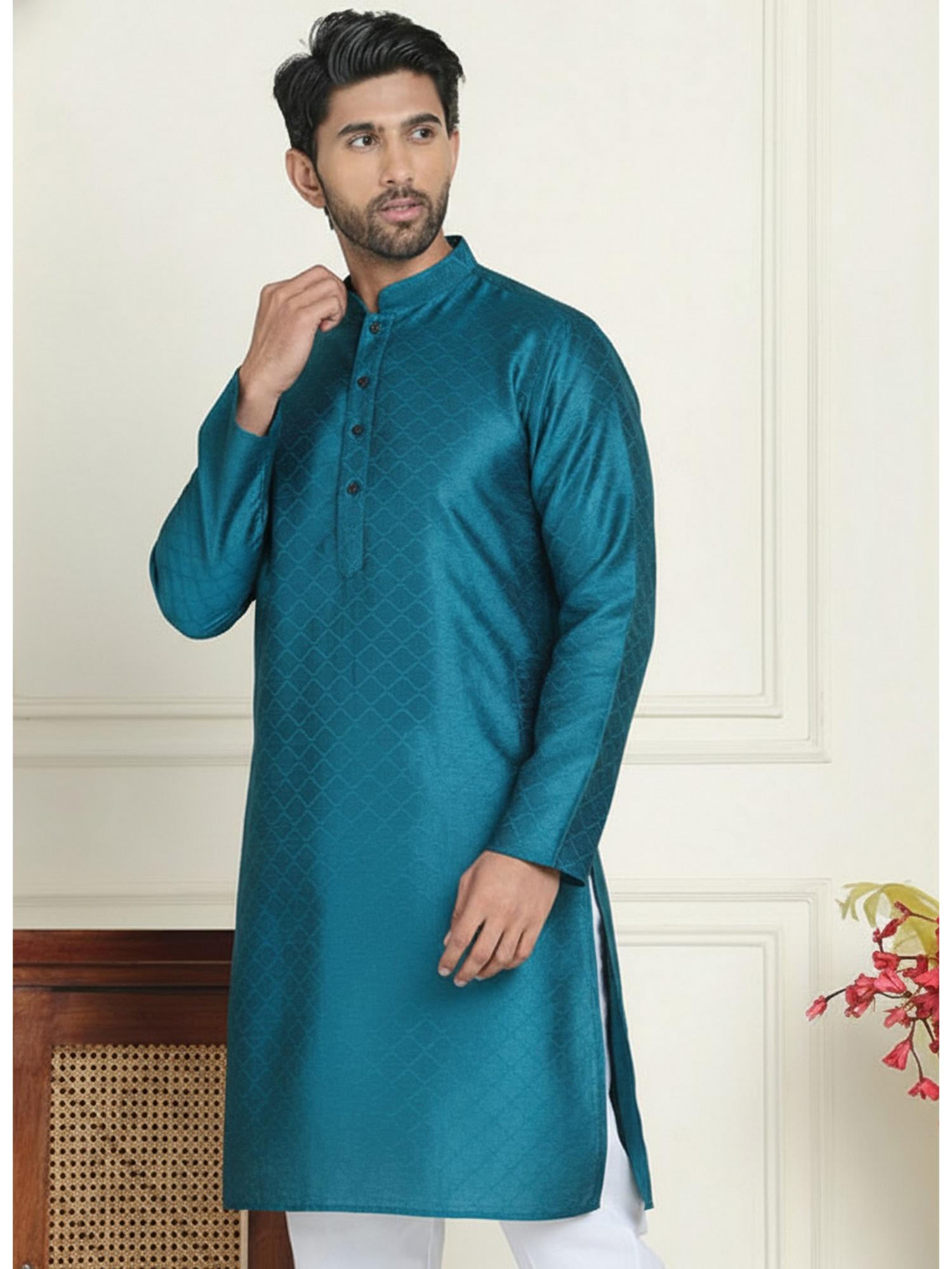 Mens Teal Art Silk Embroidered Kurta with Pyjama