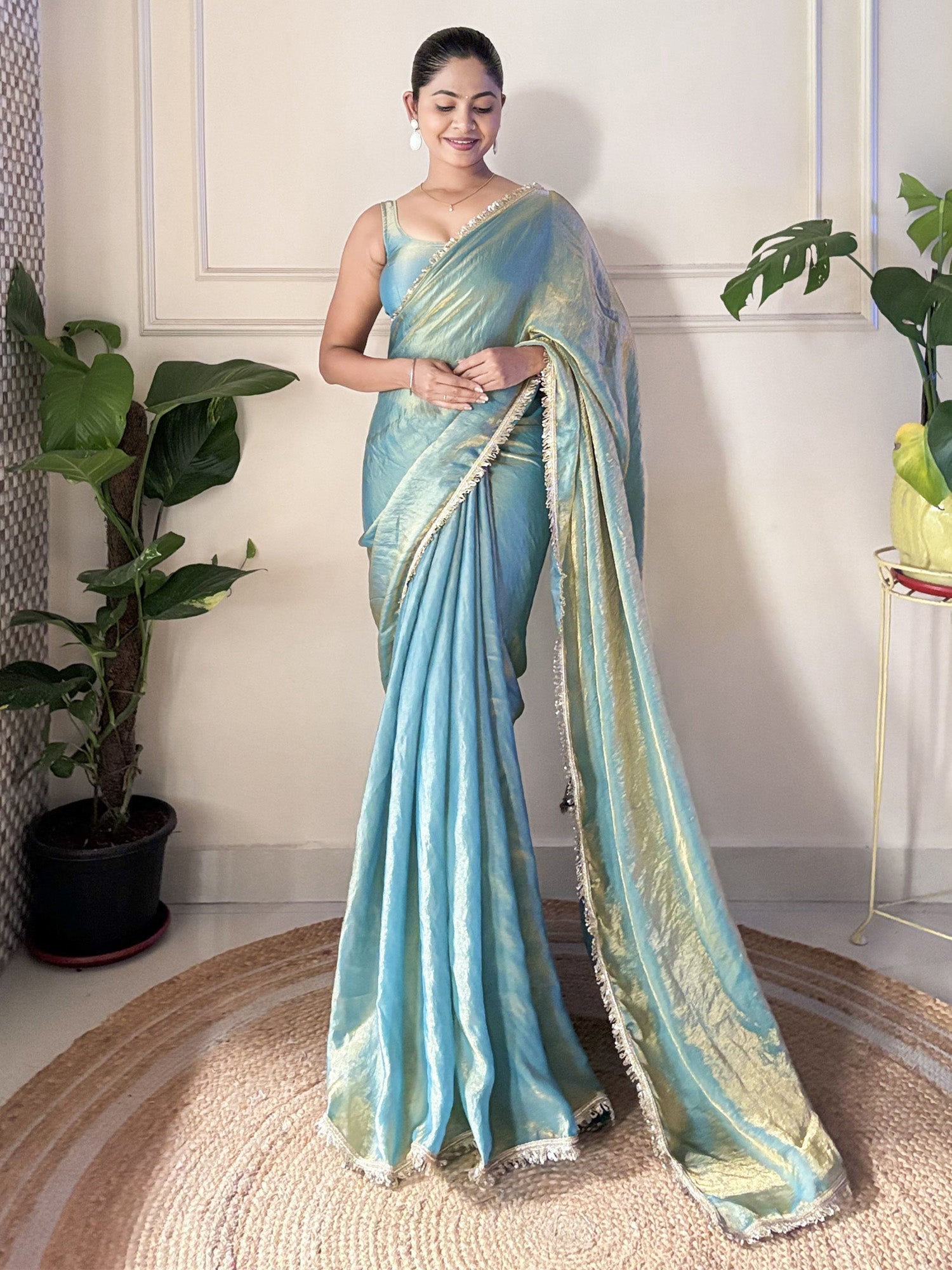 Paper Silk Teal Blue Embellished Designer Saree