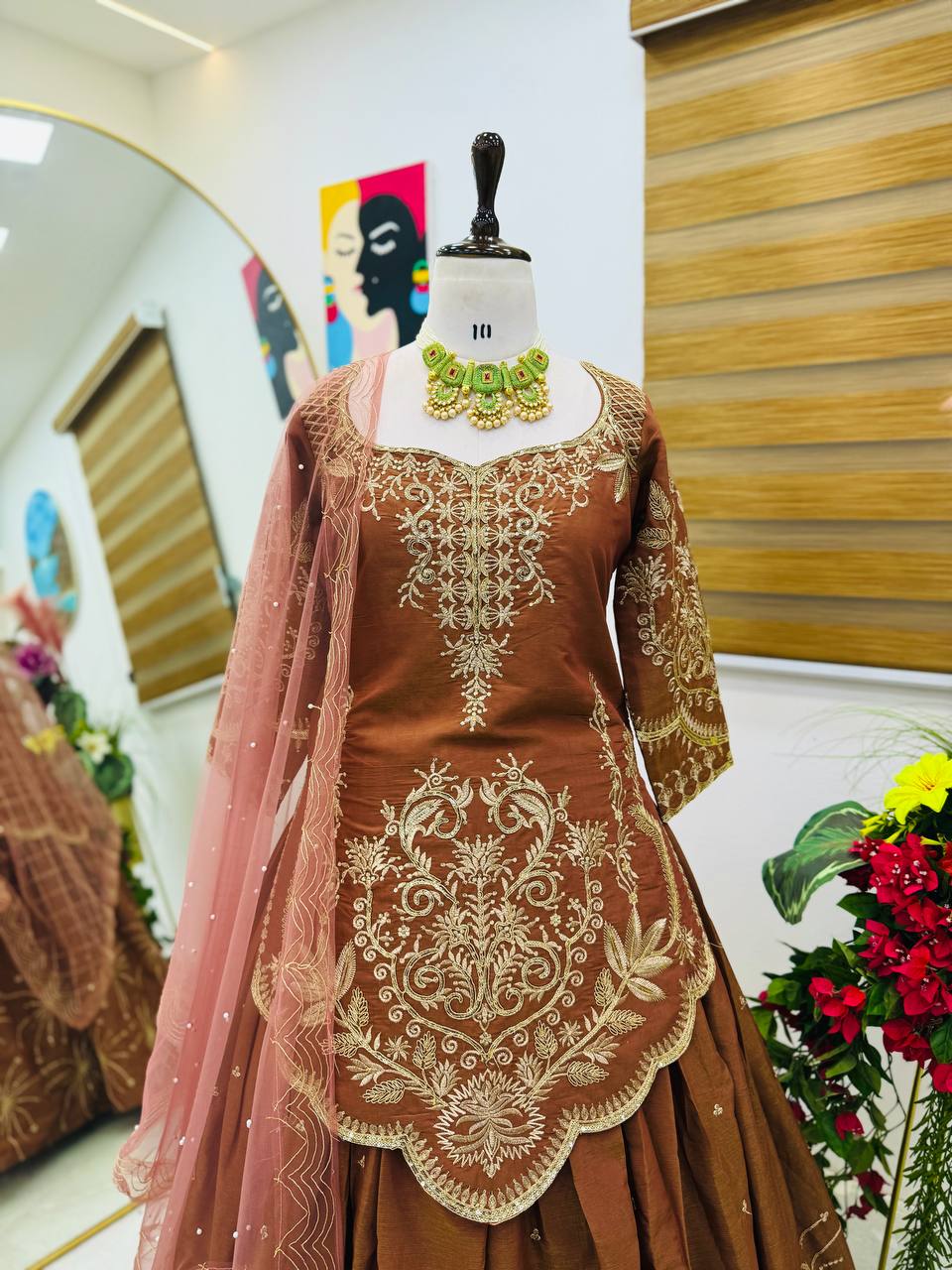 Brown Simmer Silk Lehenga Set With Dupatta