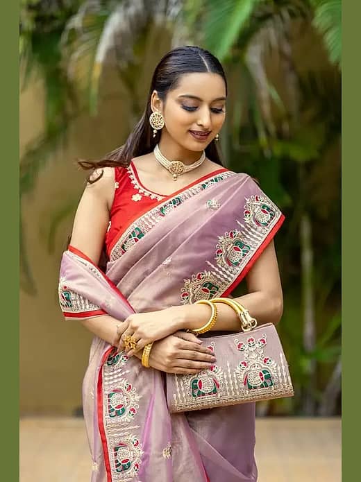 Lavender and red saree