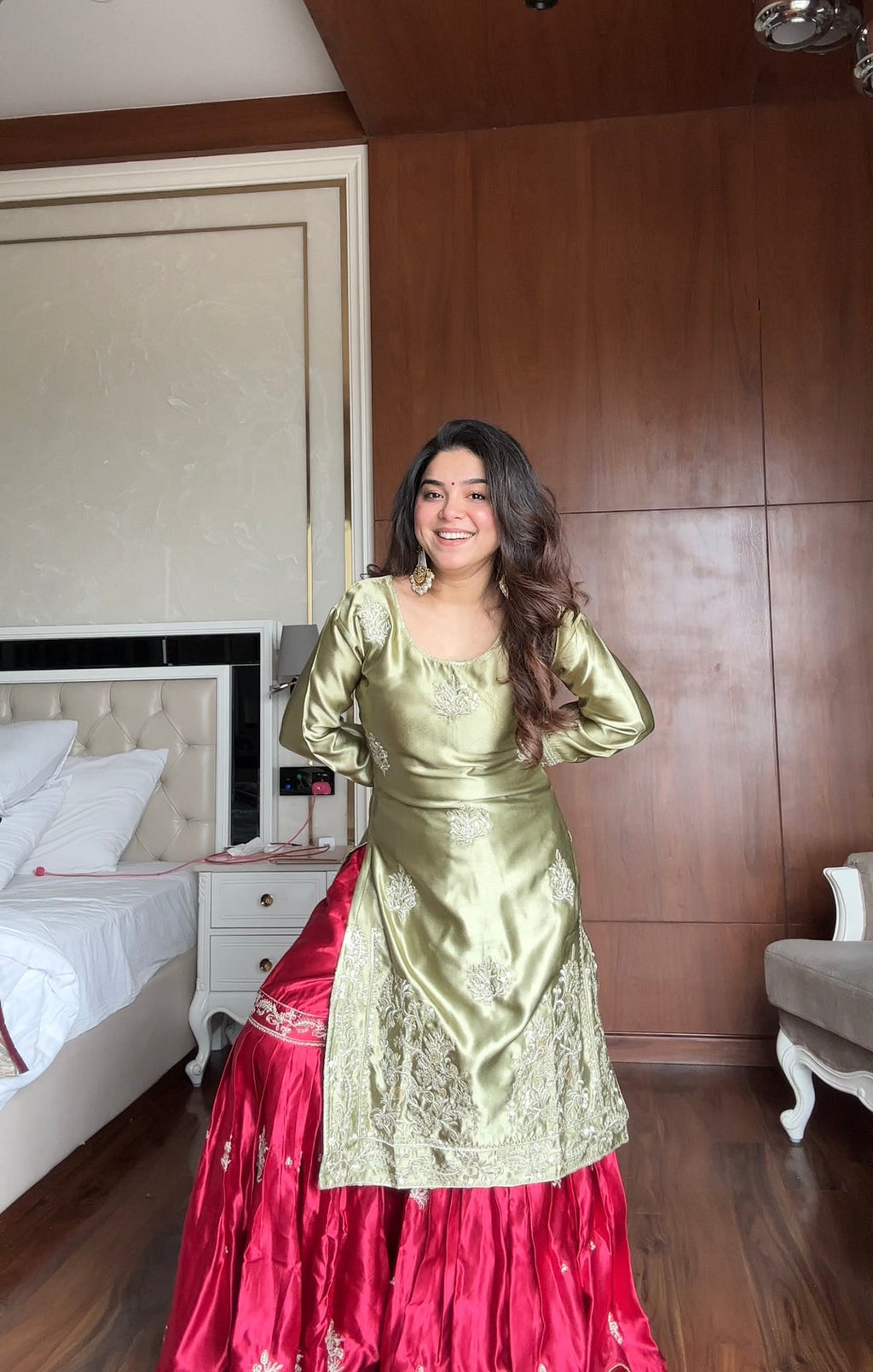 Olive Green Embroidered Kurta with Red Sharara and Dupatta