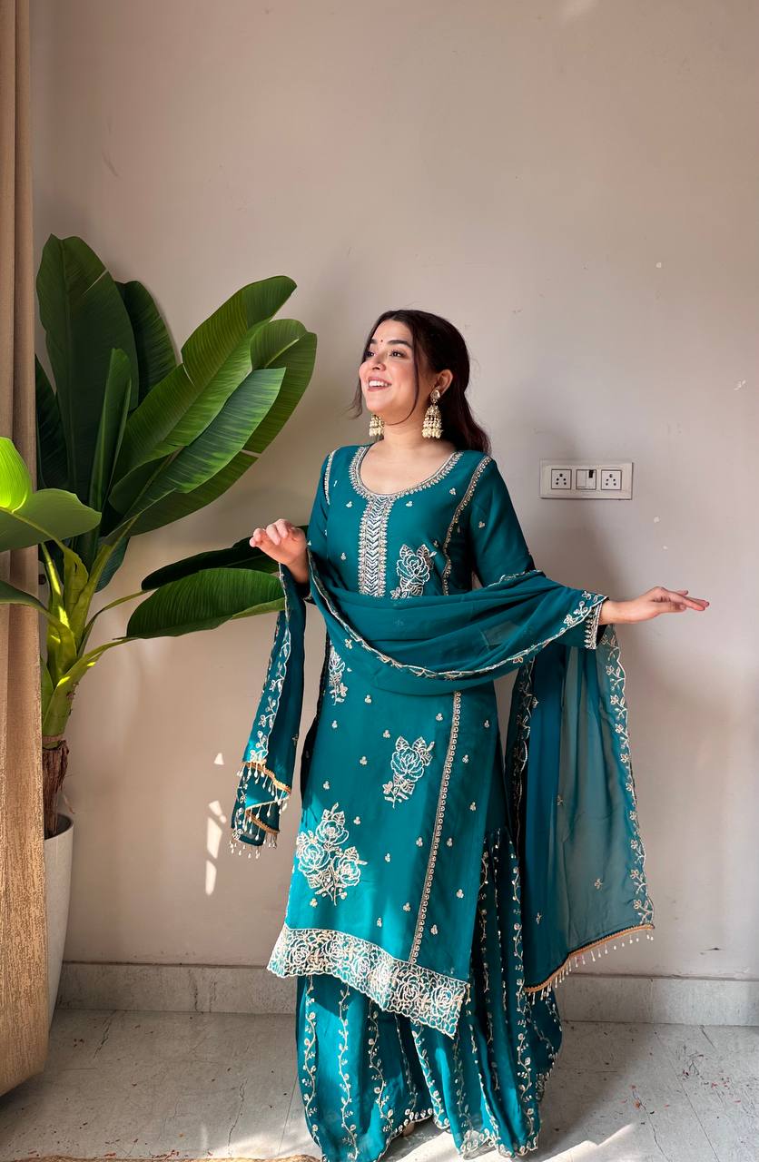 Festive Special Designer Fox Georgette Beads Work Kurti Gharara Suit With Dupatta