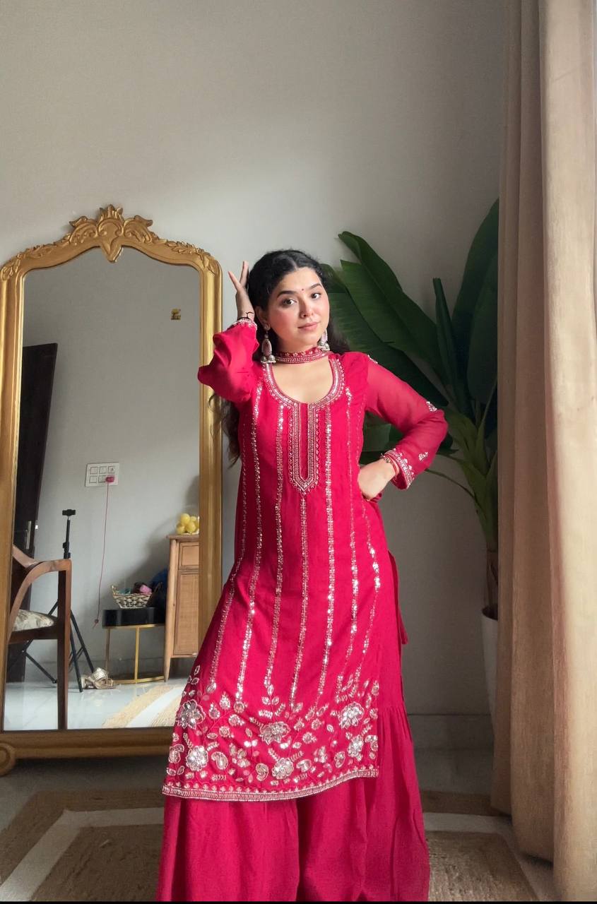 Pink Georgette Sharara Set With Belt-Style Dupatta