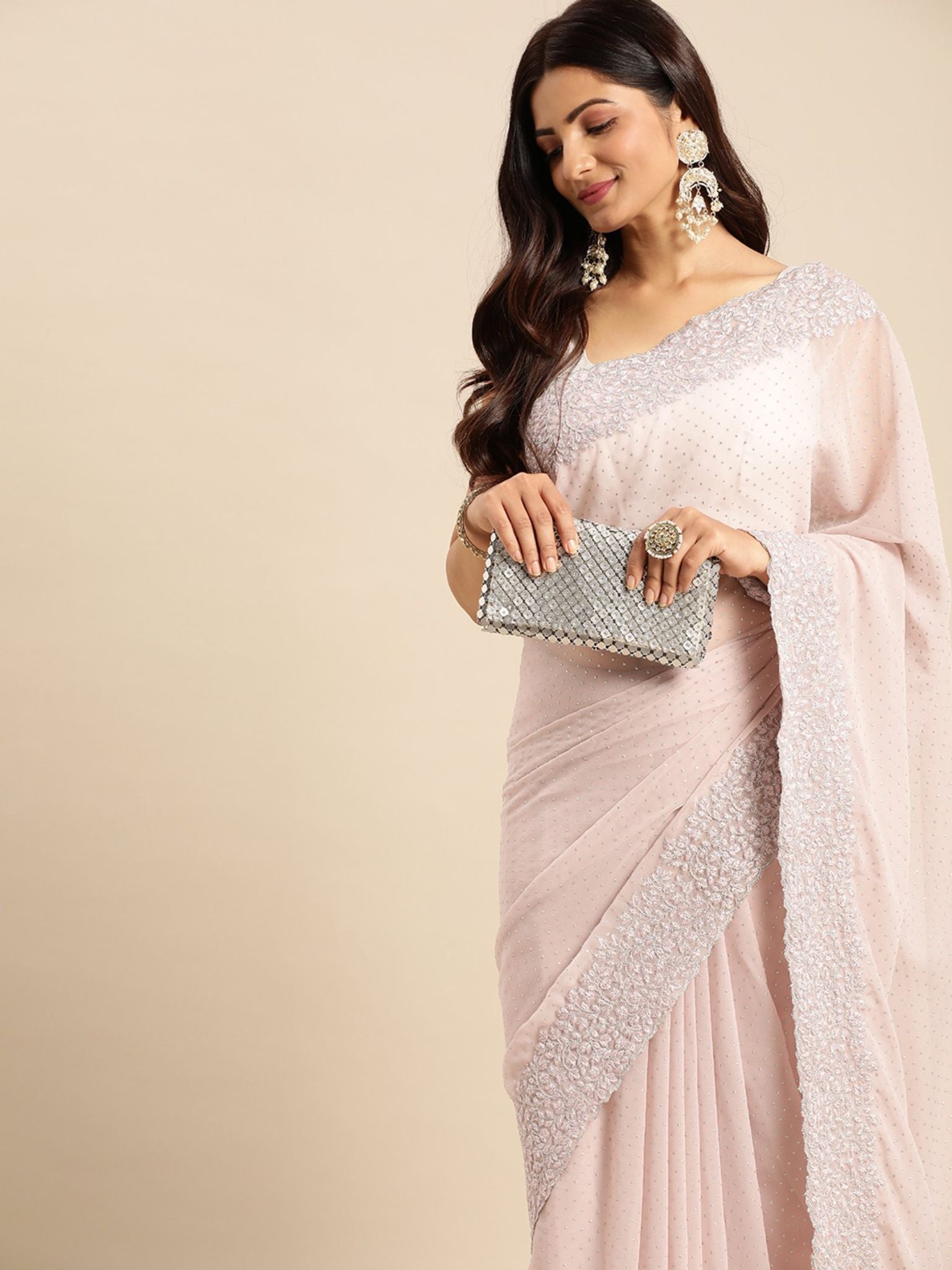 Peach Diamond Work Saree With Unstitched Blouse