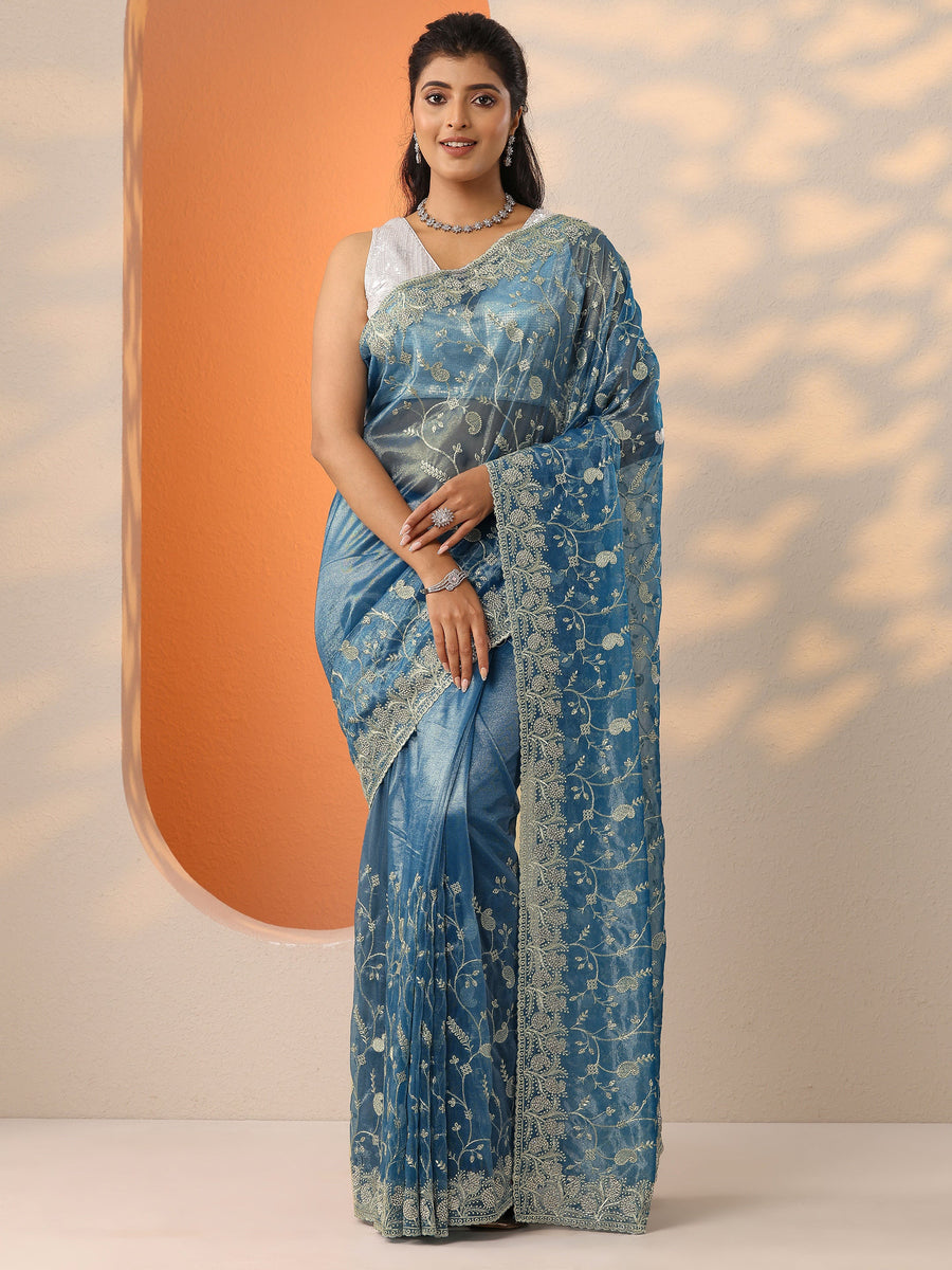 Blue Embellished Nylon Saree With Unstitched Blouse Piece