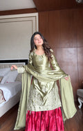 Olive Green Embroidered Kurta with Red Sharara and Dupatta