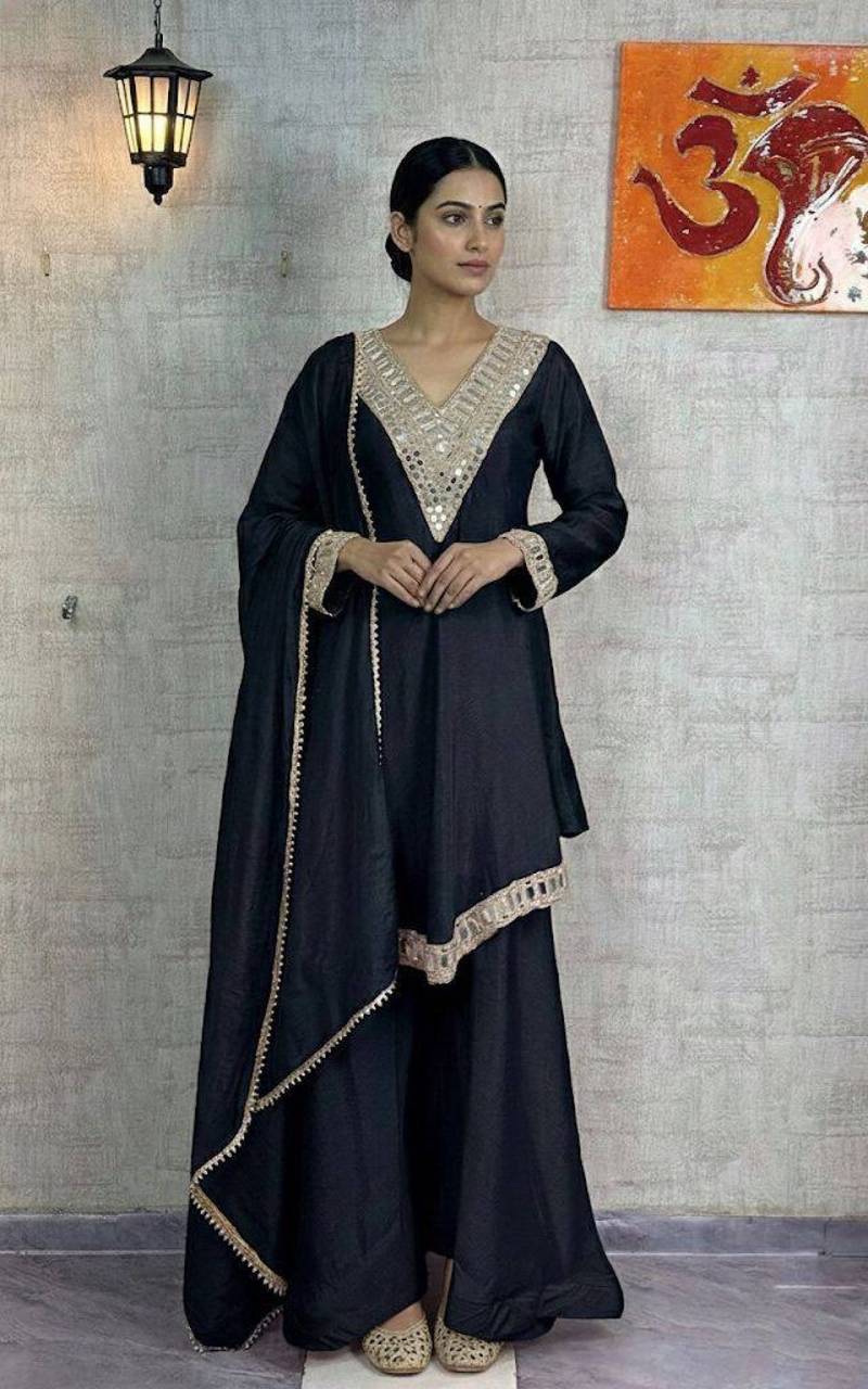 Elegance Mirror Work Anarkali With Sharara & Dupatta